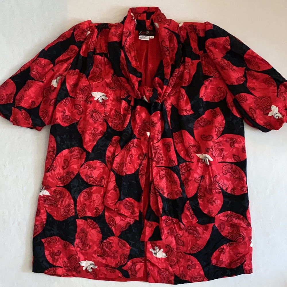 {VTG} Saint Romei | Silk Floral Open Front Tie Puff Sleeve Kimono Tunic Top 8
